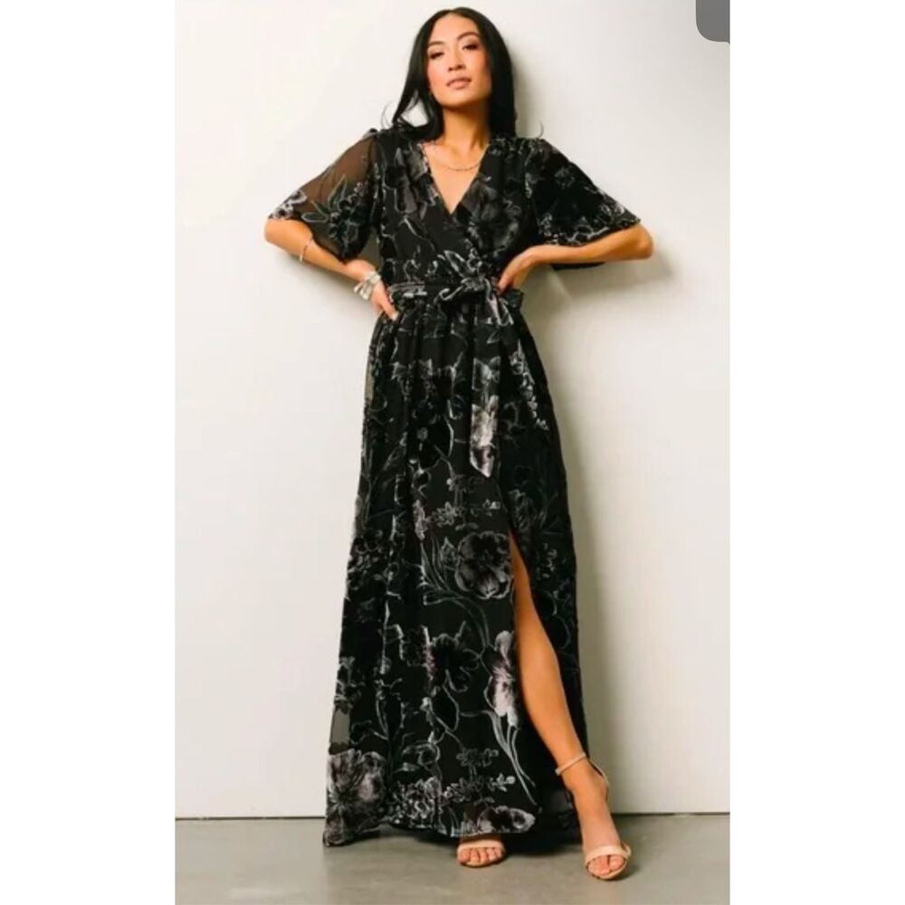 Baltic Born Uma Velvet short sleeve maxi dress black silver size XL